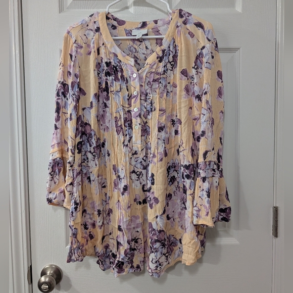 J. Jill Tops - J. Jill Women's 1X, Floral Tunic Blouse, Coral/Purple, Bell Sleeve, Lightweight